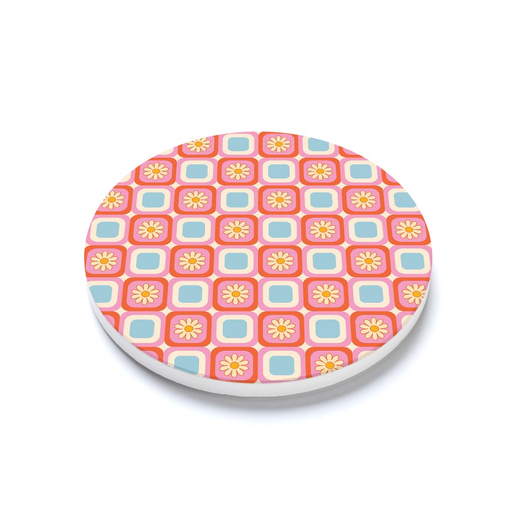 Ceramic Round Coaster-Bright Retro Floral Checker -1