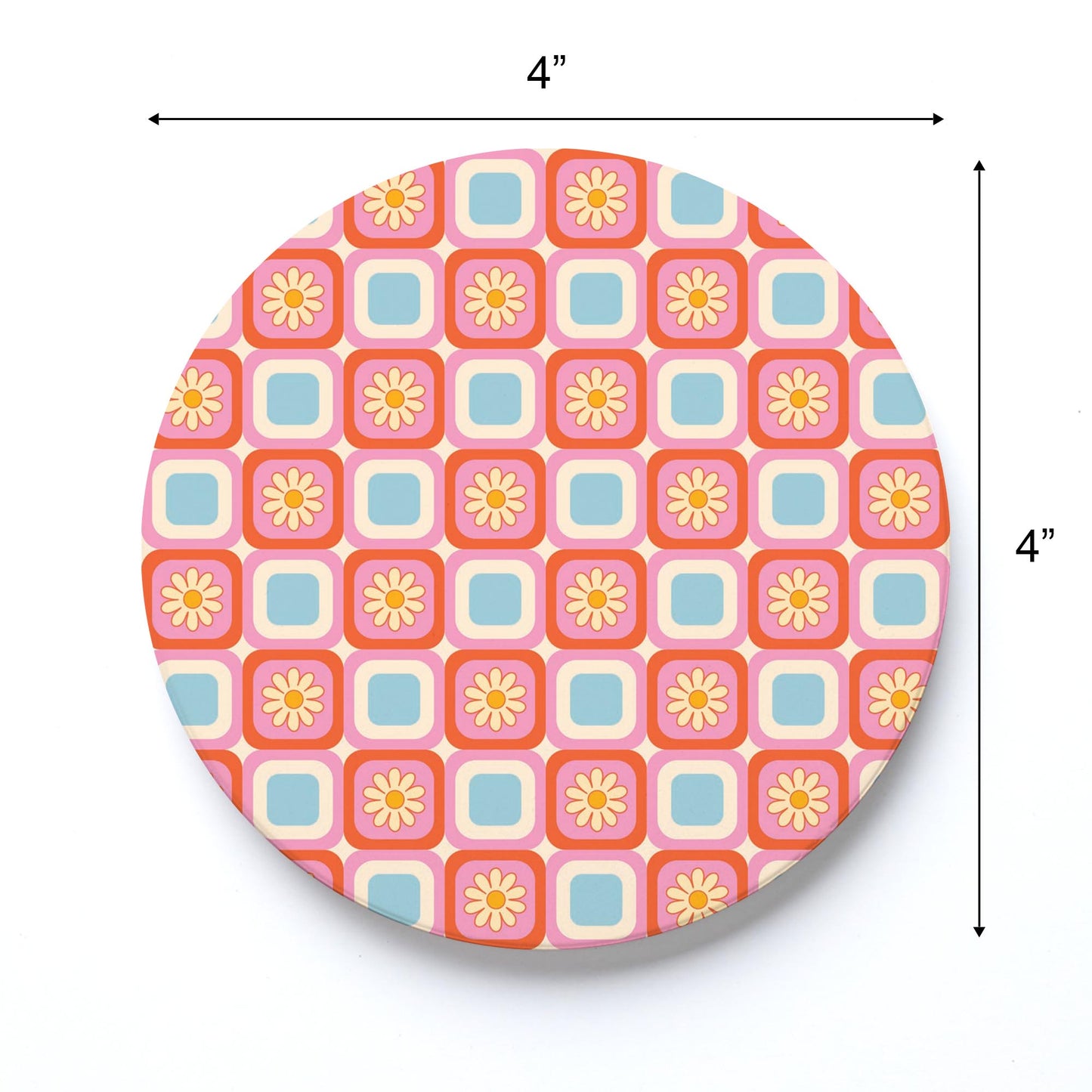 Ceramic Round Coaster-Bright Retro Floral Checker -3