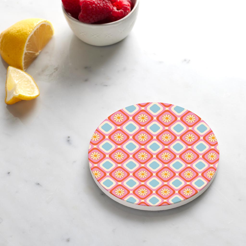 Ceramic Round Coaster-Bright Retro Floral Checker -4