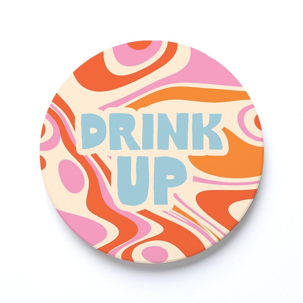 Ceramic Round Coaster-Bright Retro Drink Up -0