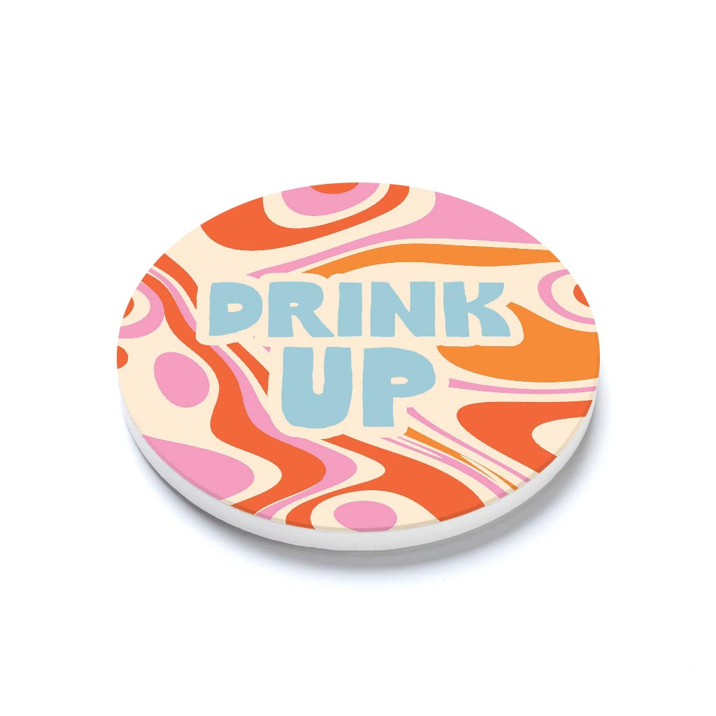 Ceramic Round Coaster-Bright Retro Drink Up -1