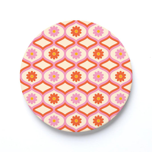 Ceramic Round Coaster-Bright Retro Groovy Flower Pattern -0