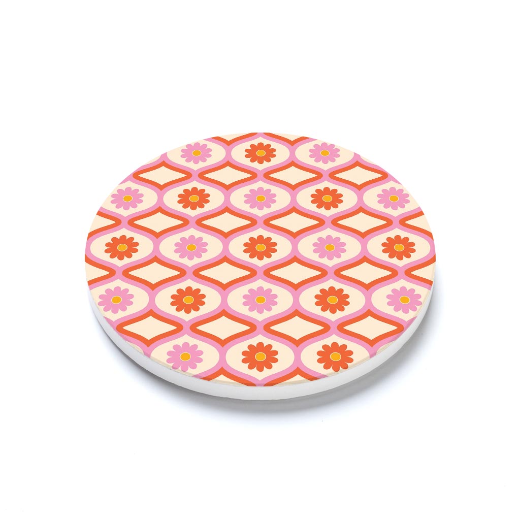 Ceramic Round Coaster-Bright Retro Groovy Flower Pattern -1