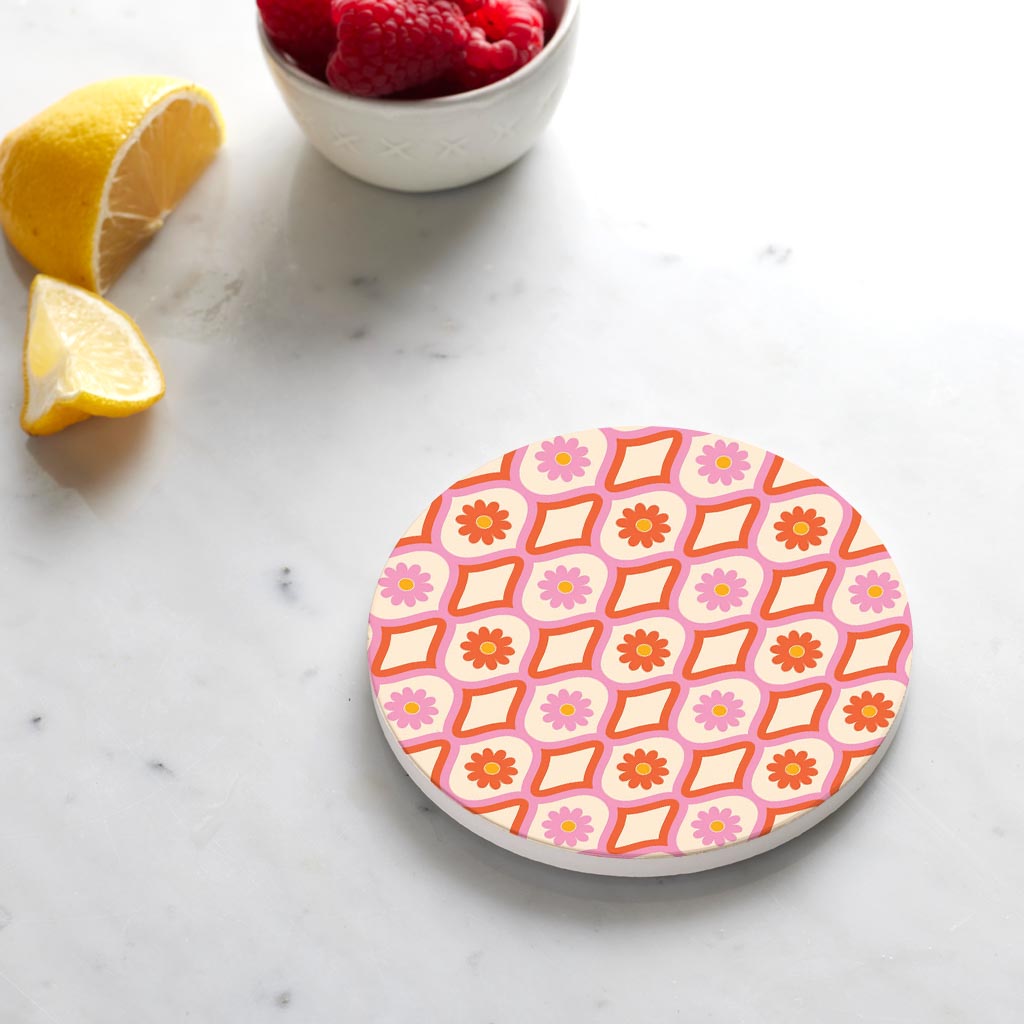 Ceramic Round Coaster-Bright Retro Groovy Flower Pattern -4