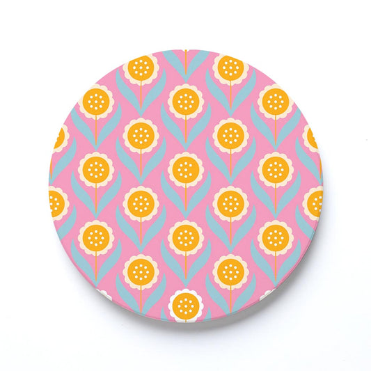 Ceramic Round Coaster-Bright Retro Pink Flower Pattern -0