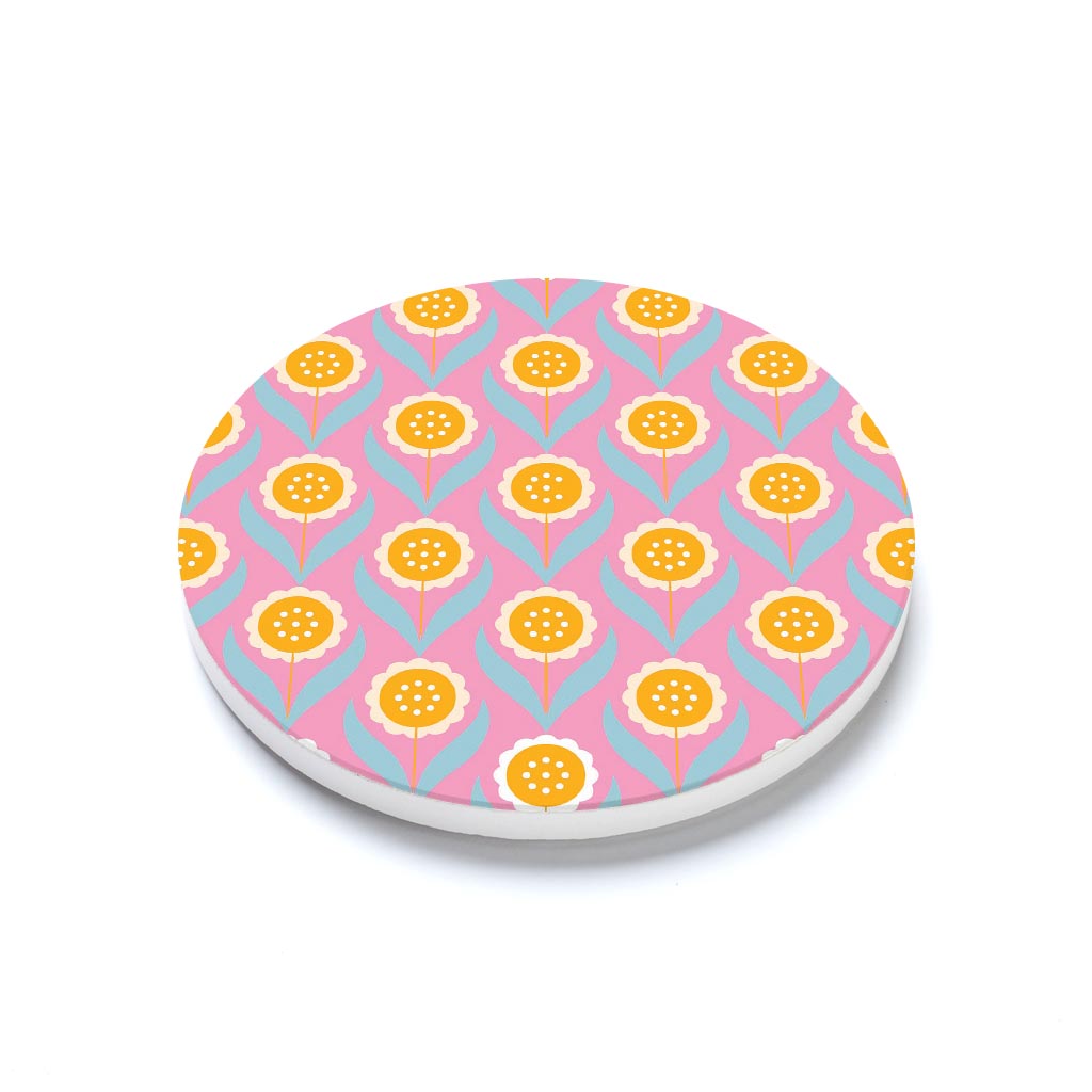 Ceramic Round Coaster-Bright Retro Pink Flower Pattern -1