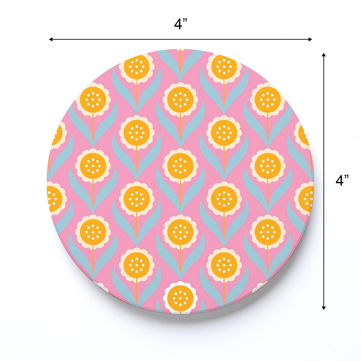 Ceramic Round Coaster-Bright Retro Pink Flower Pattern -3