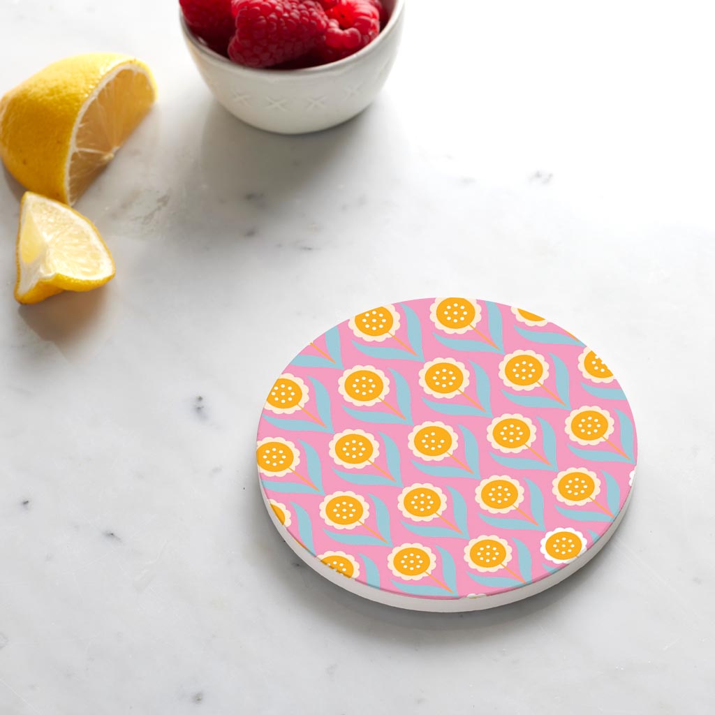 Ceramic Round Coaster-Bright Retro Pink Flower Pattern -4