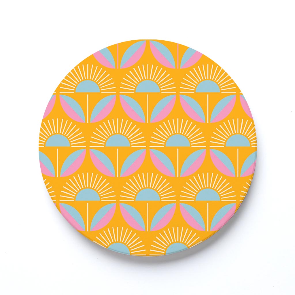 Ceramic Round Coaster-Bright Retro Orange Flower pattern -0