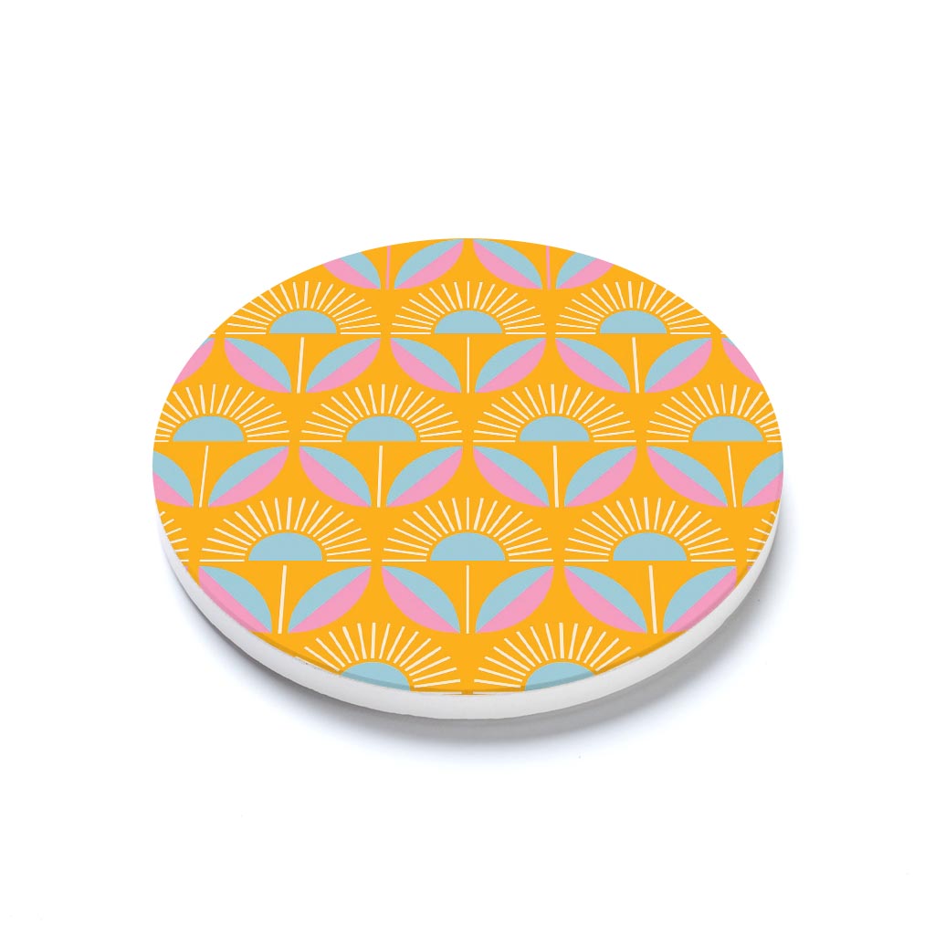 Ceramic Round Coaster-Bright Retro Orange Flower pattern -1