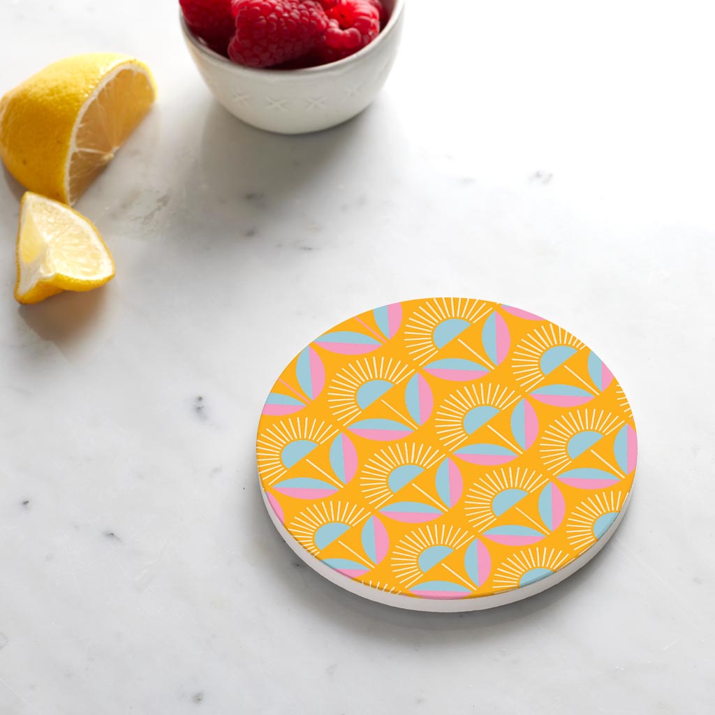 Ceramic Round Coaster-Bright Retro Orange Flower pattern -4