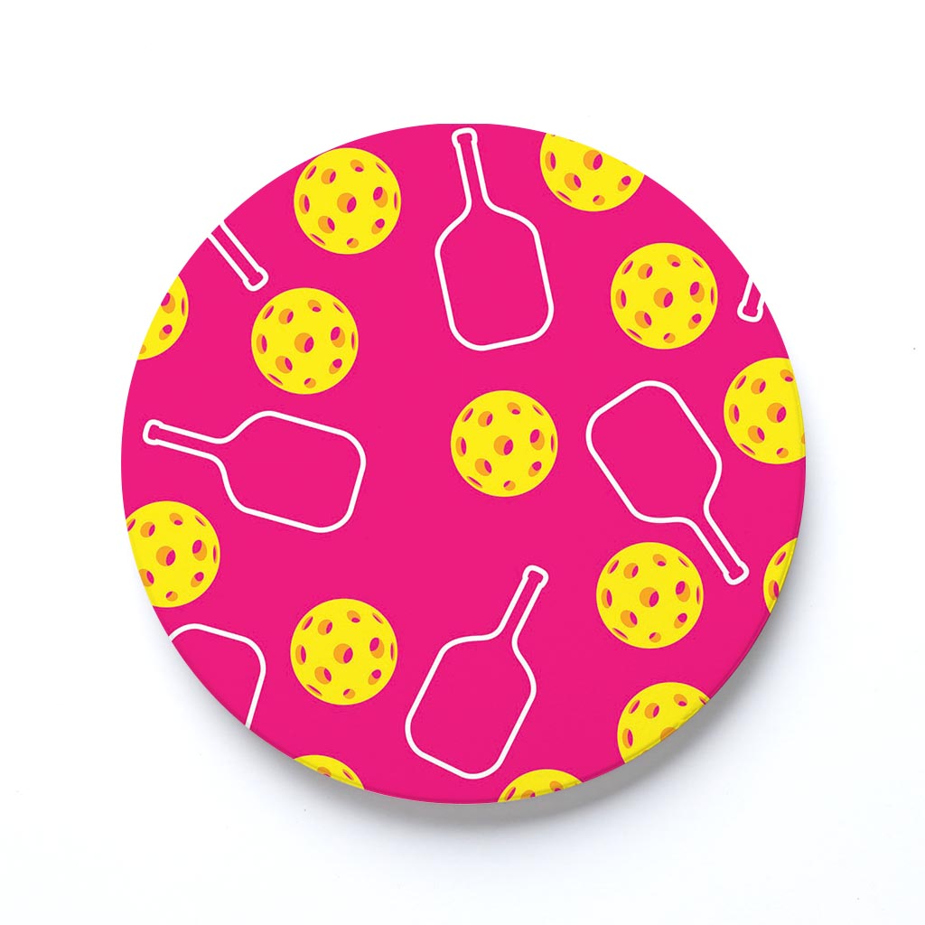 Ceramic Round Coaster-Pink Pickleball Pattern -0