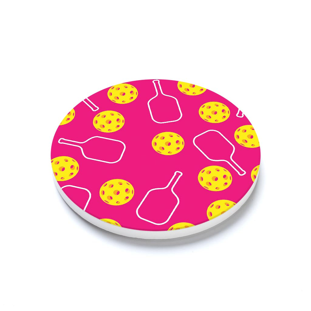 Ceramic Round Coaster-Pink Pickleball Pattern -1