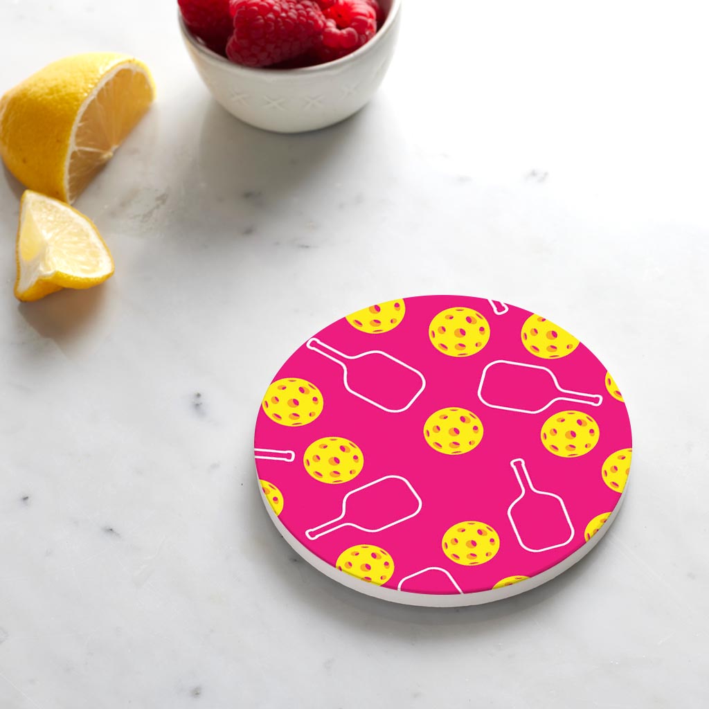 Ceramic Round Coaster-Pink Pickleball Pattern -4