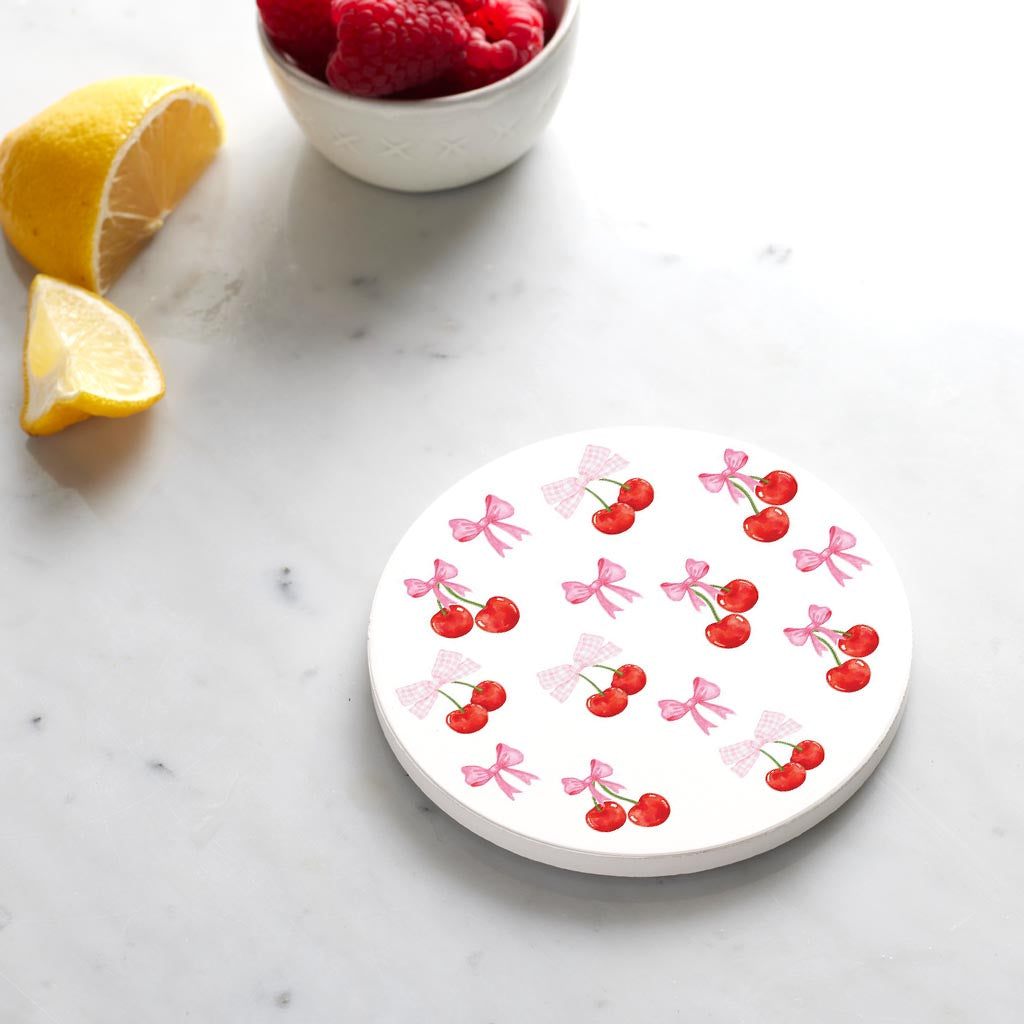 Ceramic Round Coaster-Cherries & Bows