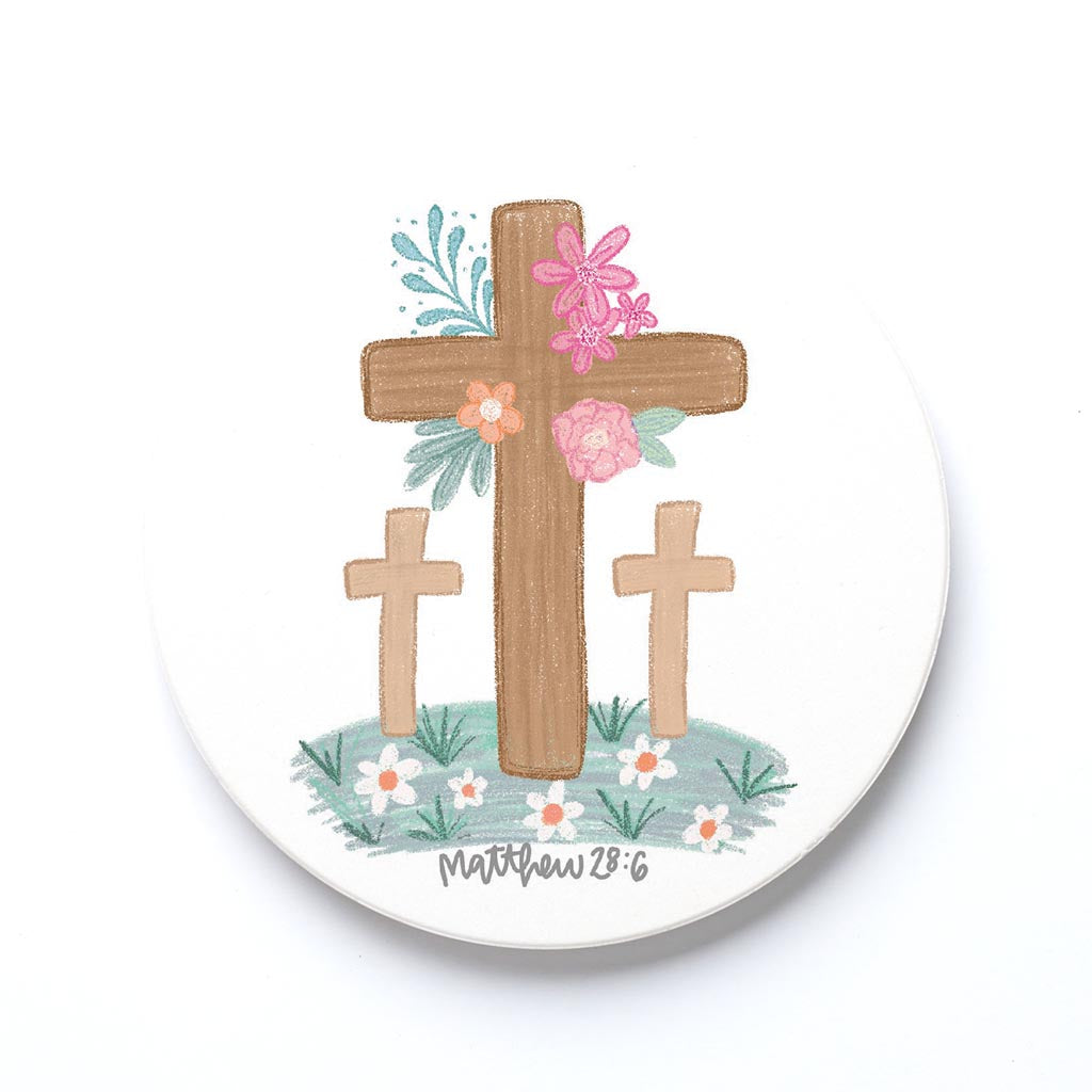 Ceramic Round Coaster-Floral Cross Matthew 28:6