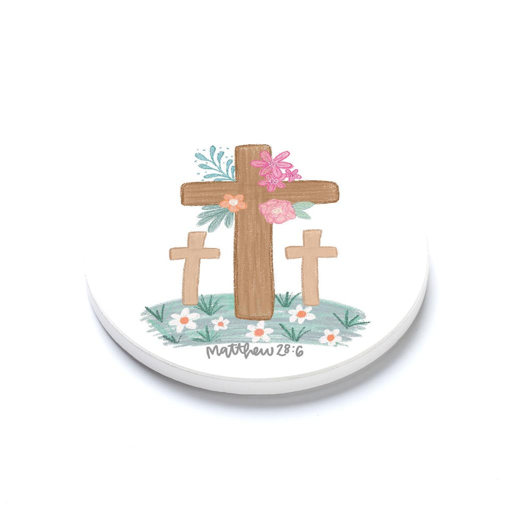 Ceramic Round Coaster-Floral Cross Matthew 28:6