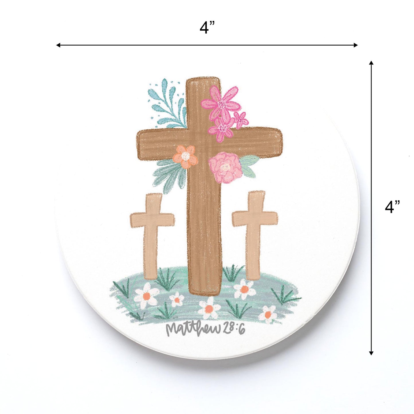 Ceramic Round Coaster-Floral Cross Matthew 28:6