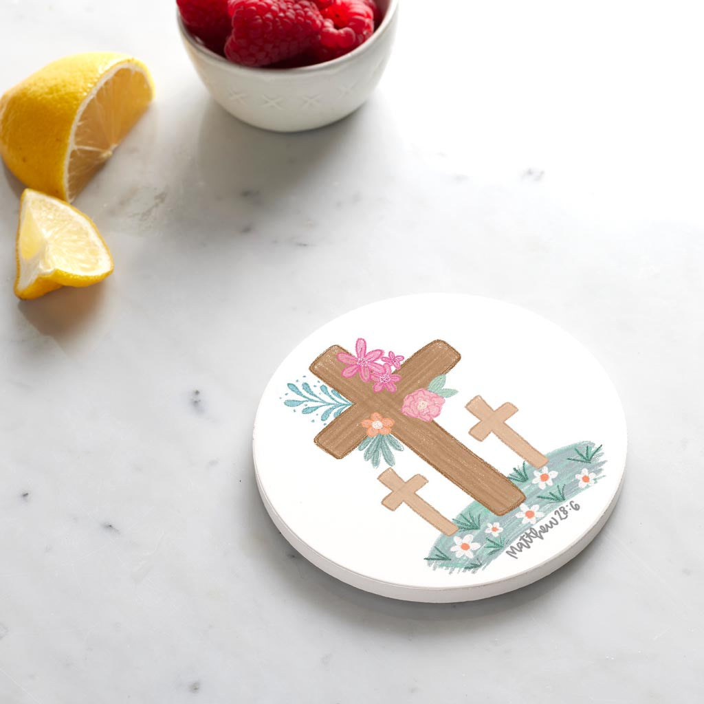 Ceramic Round Coaster-Floral Cross Matthew 28:6