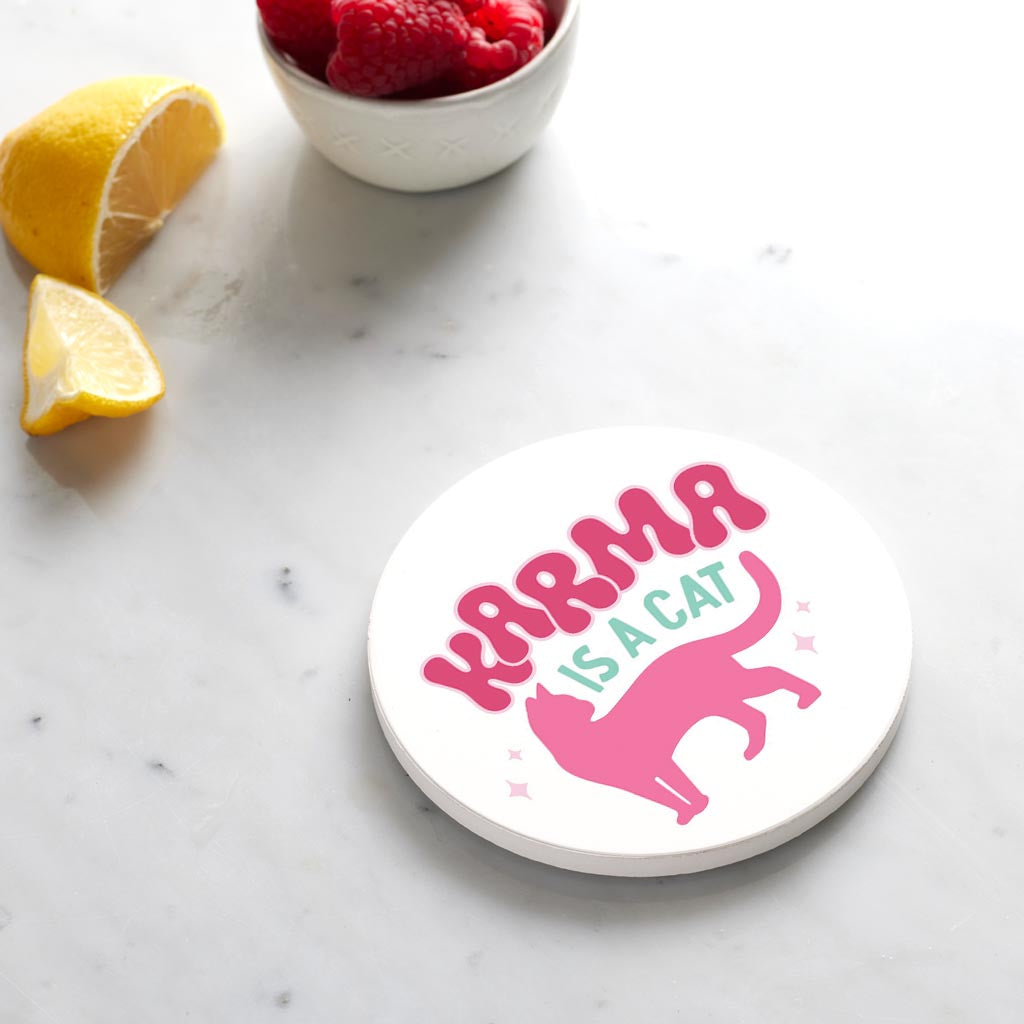 Ceramic Round Coaster-Karma Is A Cat