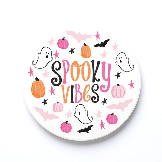 Ceramic Round Coaster-Happy Ghost Spooky Vibes -0