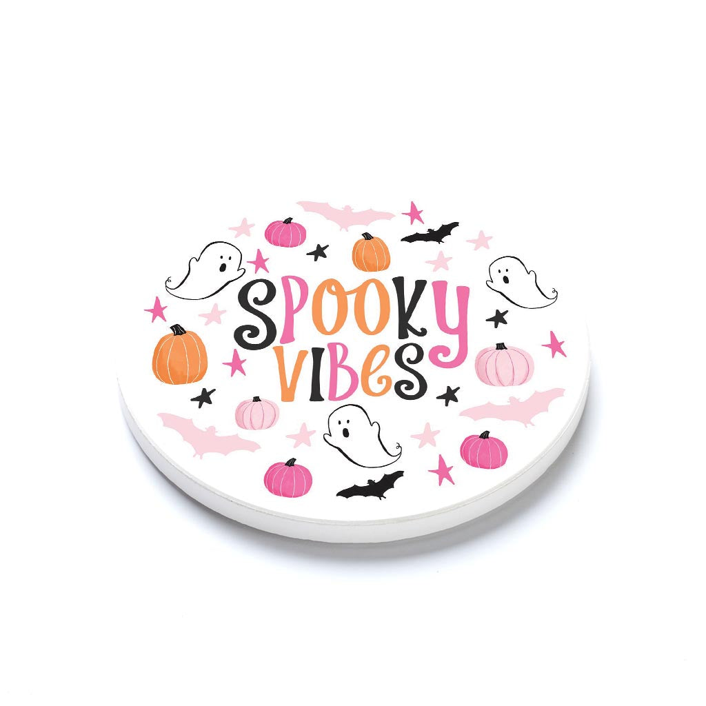 Ceramic Round Coaster-Happy Ghost Spooky Vibes -1