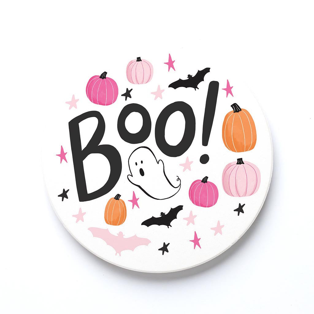 Ceramic Round Coaster-Happy Ghost Boo -0