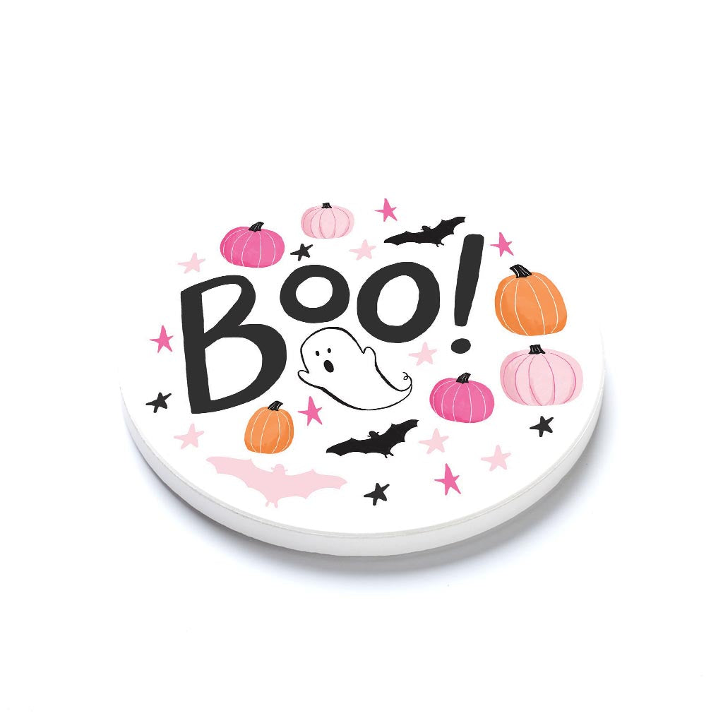 Ceramic Round Coaster-Happy Ghost Boo -1