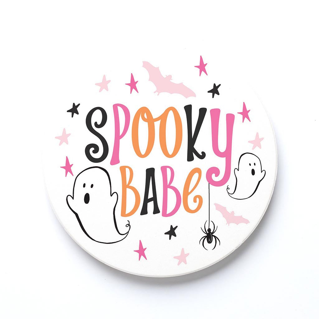 Ceramic Round Coaster-Happy Ghost Spooky Babe -0