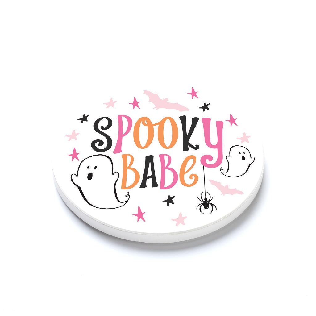 Ceramic Round Coaster-Happy Ghost Spooky Babe -1