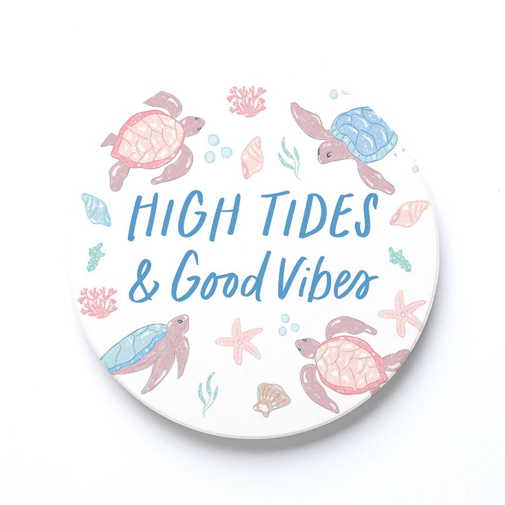 Ceramic Round Coaster-High Tides & Good Vibes Pastel Turtles -0