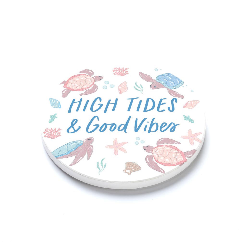 Ceramic Round Coaster-High Tides & Good Vibes Pastel Turtles -1