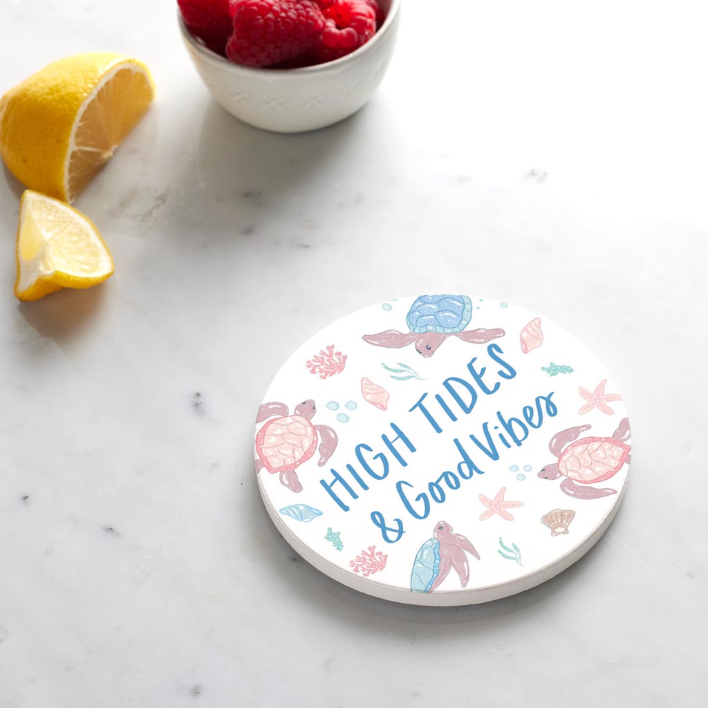 Ceramic Round Coaster-High Tides & Good Vibes Pastel Turtles -4