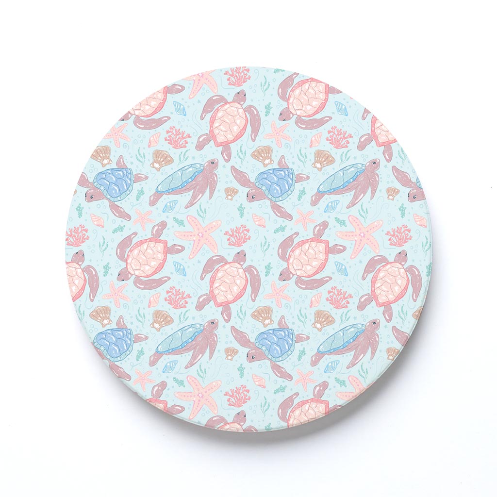 Ceramic Round Coaster-Coastal Sea Turtles Pattern