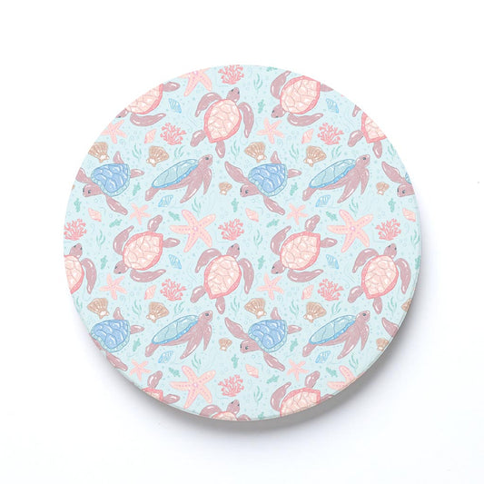 Ceramic Round Coaster-Coastal Sea Turtles Pattern