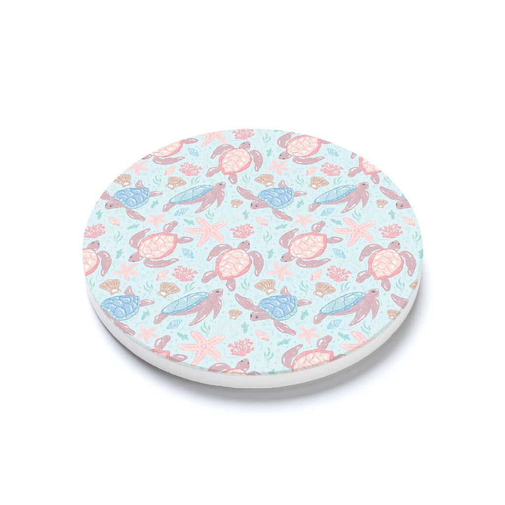 Ceramic Round Coaster-Coastal Sea Turtles Pattern