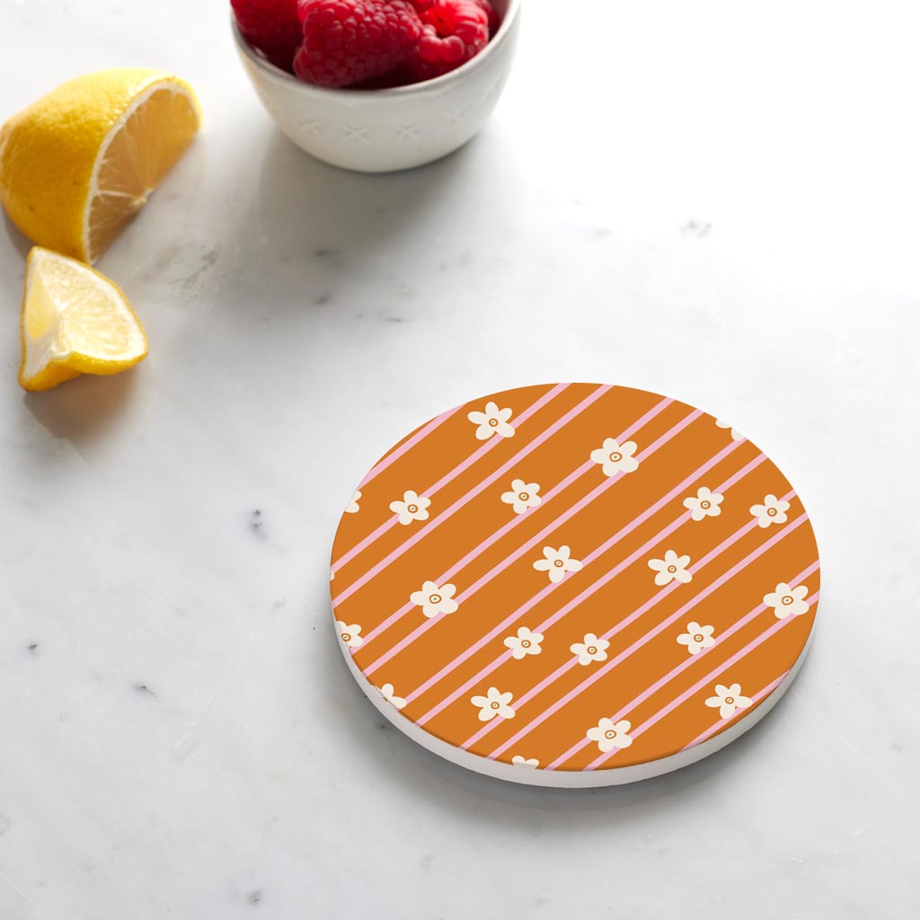 Ceramic Round Coaster-Spring Striped Floral Pattern