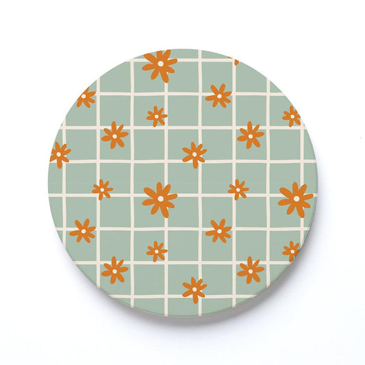 Ceramic Round Coaster-Spring Grid Floral Pattern