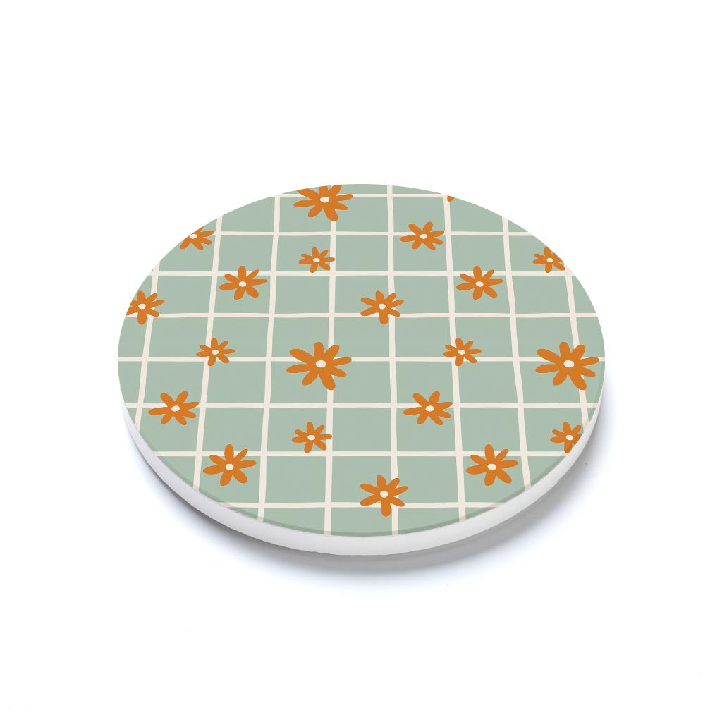 Ceramic Round Coaster-Spring Grid Floral Pattern