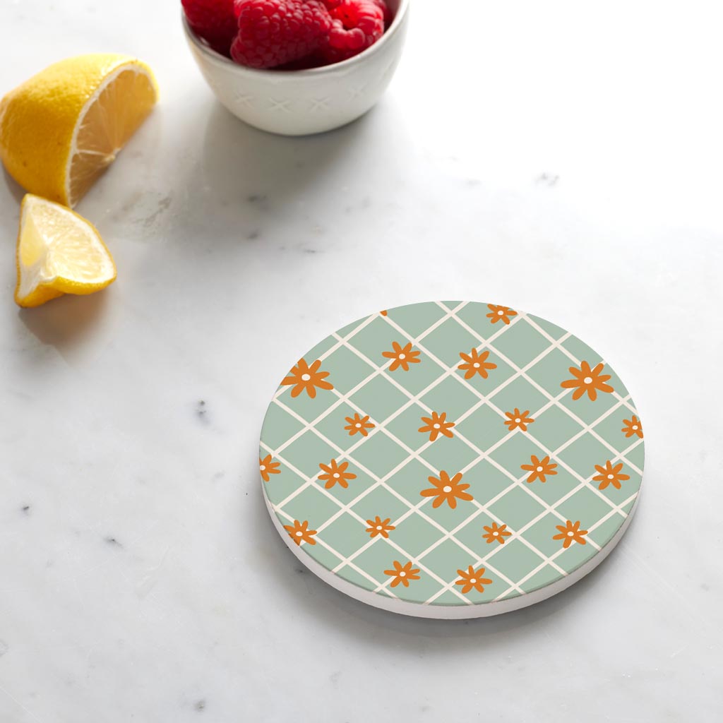 Ceramic Round Coaster-Spring Grid Floral Pattern