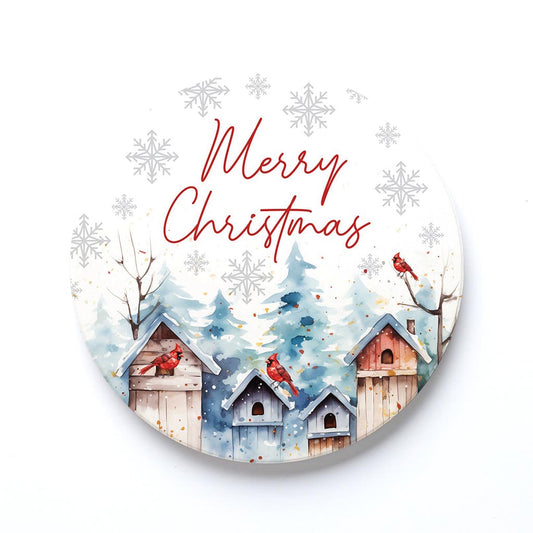Ceramic Round Coaster-Cardinal Christmas Merry Christmas -0