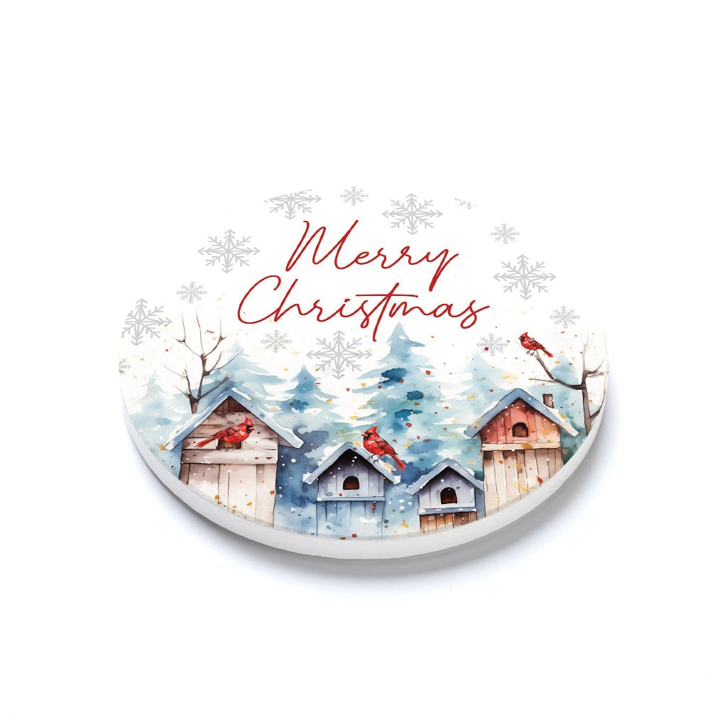 Ceramic Round Coaster-Cardinal Christmas Merry Christmas -1