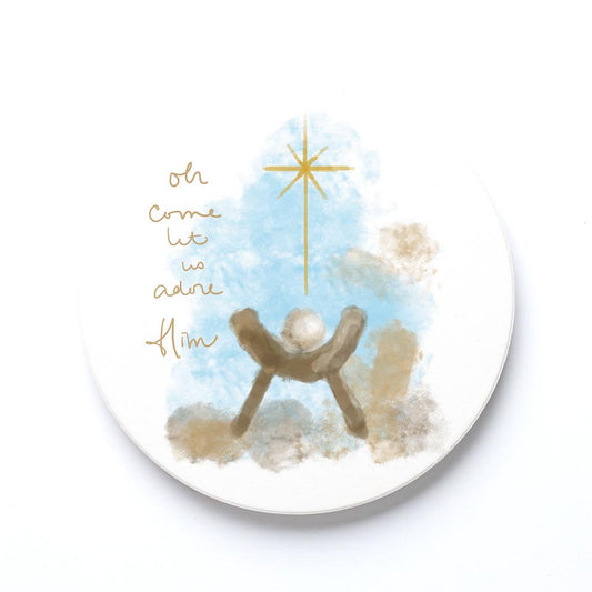 Ceramic Round Coaster-Let Us Adore Him Watercolor Manger