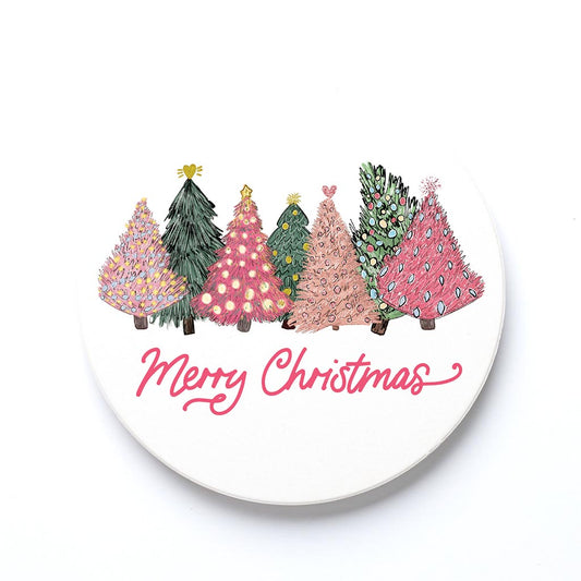 Ceramic Round Coaster-Pink Trees Merry Christmas