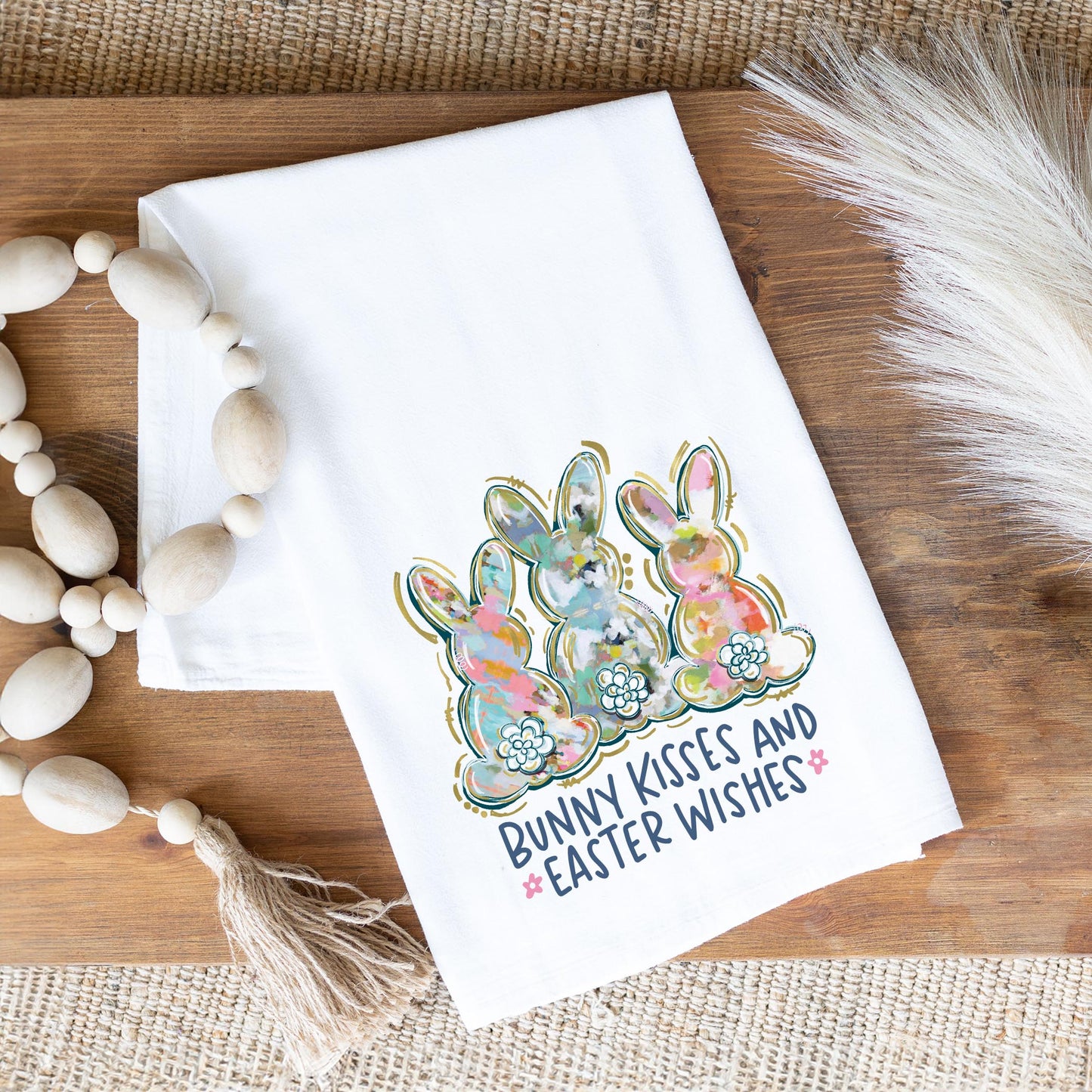 Cotton Tea Towel White-Bunny Kisses & Easter Wishes