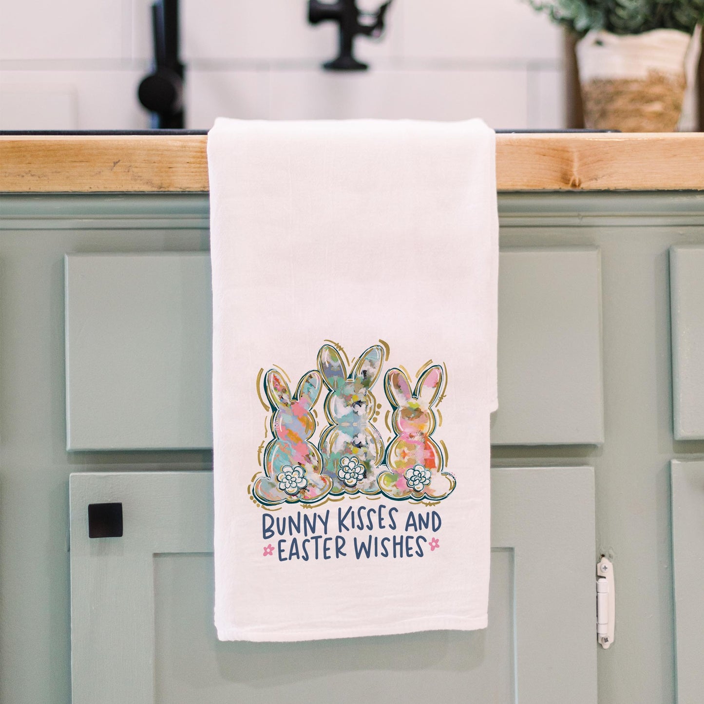 Cotton Tea Towel White-Bunny Kisses & Easter Wishes