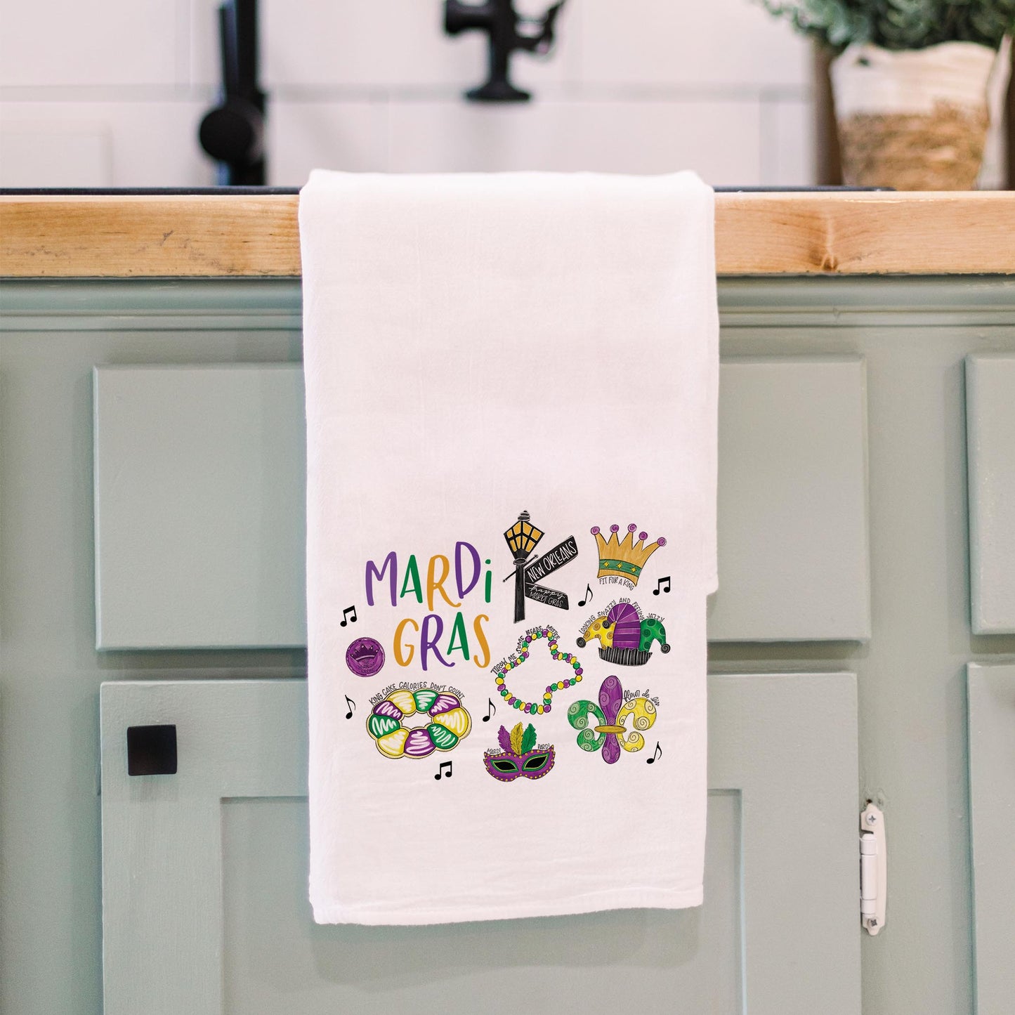 Cotton Tea Towel White-Mardi Gras Icons