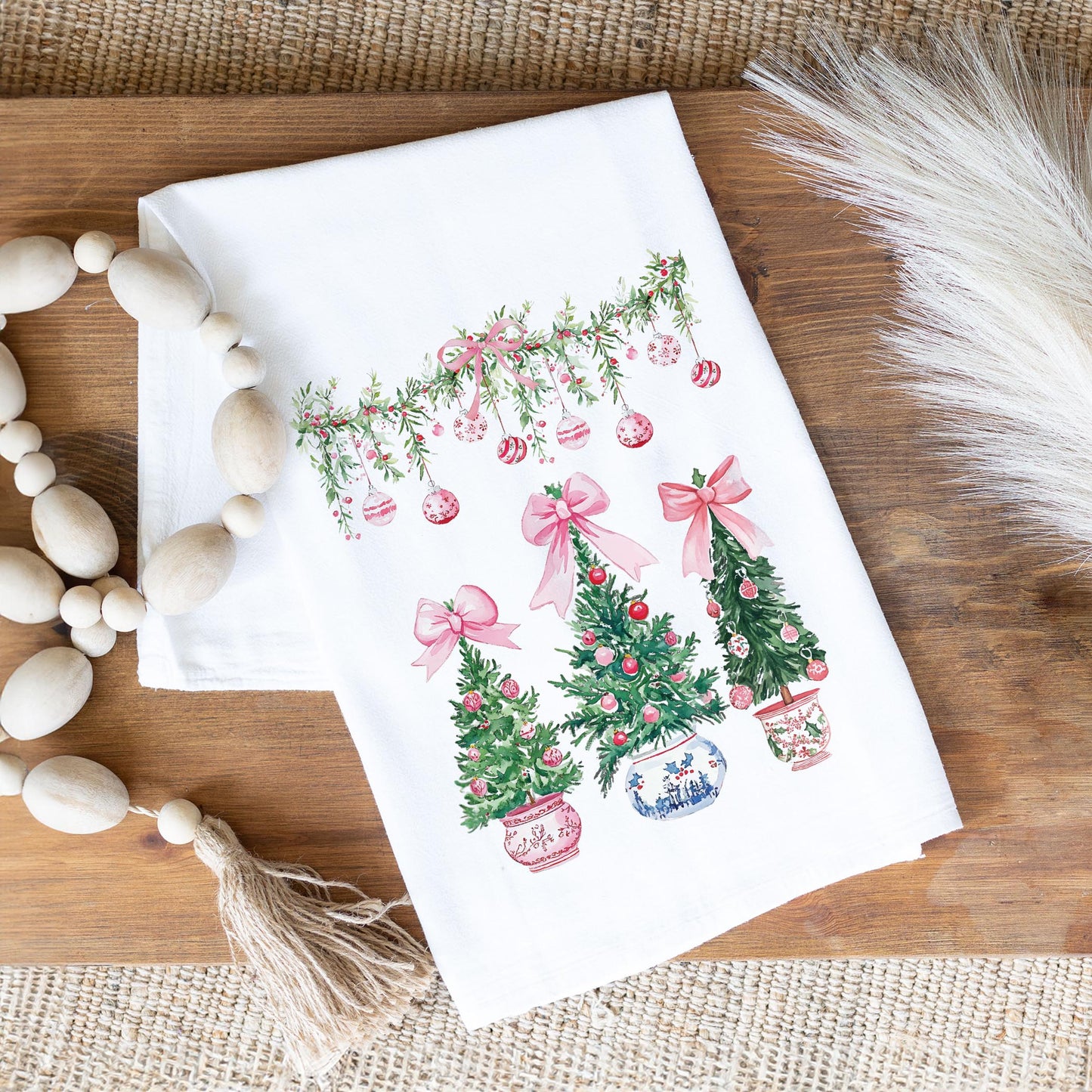 Cotton Tea Towel White-Blush & Baubles - A Grand Millennial Christmas -1