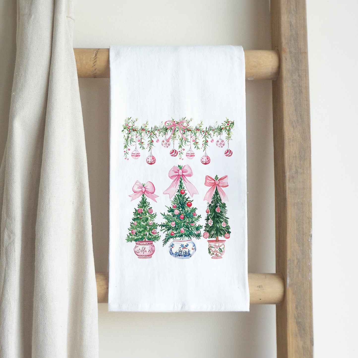 Cotton Tea Towel White-Blush & Baubles - A Grand Millennial Christmas -2