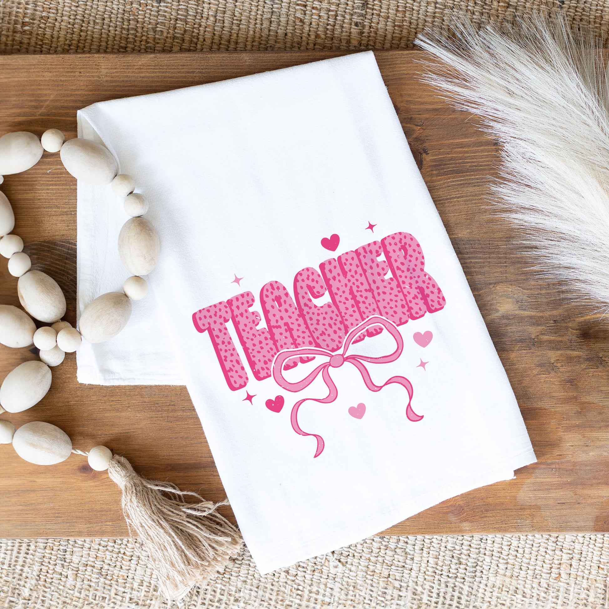 Cotton Tea Towel White-Classroom Coquette Teacher Hearts & Bow -1